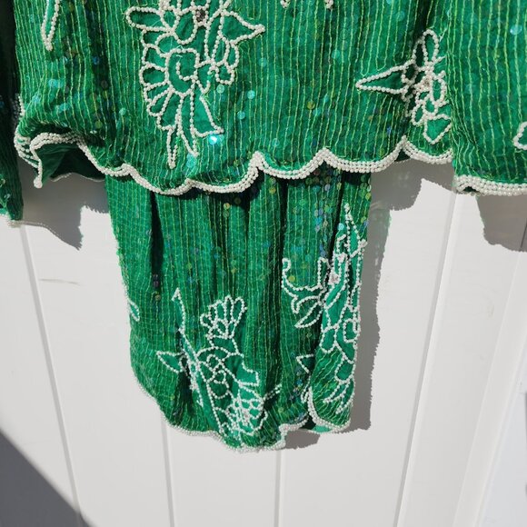 Vtg 80s Eve's Allure Cocktail Mother Bride Dress Emerald Green Sequins Beads Med - Picture 3 of 10